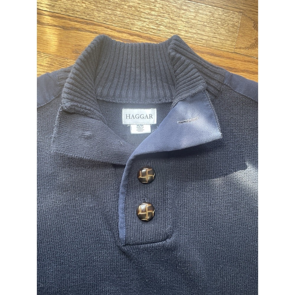 HAGGAR 1/4 Button Navy Blue cotton Pullover Sweater Size M Business leather